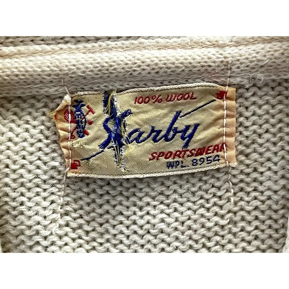 Sarby Sportswear Sz M Letterman Cardigan Sweater Cream Wool Vintage 1950's